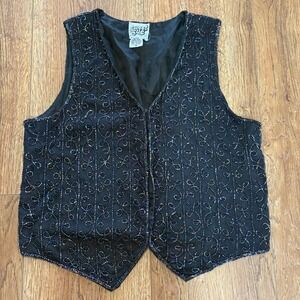 VTG 90s Sweet Sue Beaded 100% Silk Vest Black Iridescent‎ Womens M Whimsigoth